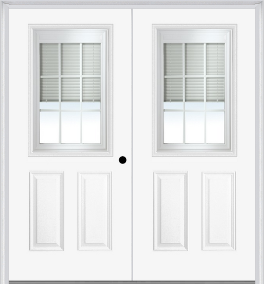MMI TWIN/DOUBLE 1/2 LITE 2 PANEL RAISE/LOWER BLINDS 6'8" BUILDERS CLASSIC FIBERGLASS WHITE GRILLES BETWEEN LOW-E GLASS EXTERIOR PREHUNG DOOR 681 RLB GBG LOW-E