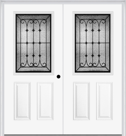 MMI TWIN/DOUBLE 1/2 LITE 2 PANEL 6'8" FIBERGLASS SMOOTH CHATEAU WROUGHT IRON DECORATIVE GLASS EXTERIOR PREHUNG DOOR 684