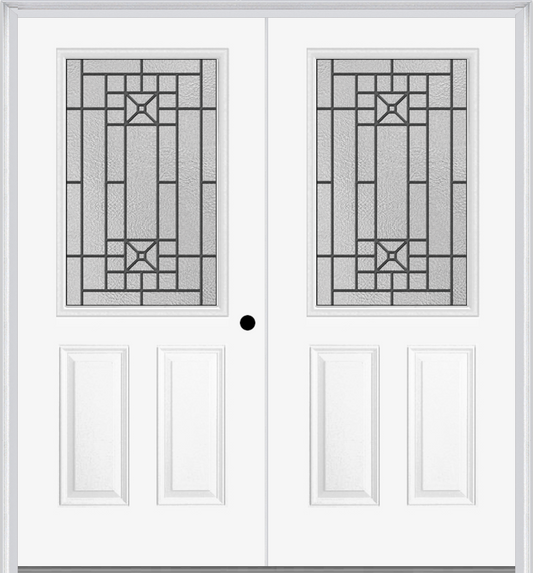 MMI TWIN/DOUBLE 1/2 LITE 2 PANEL 6'8" FIBERGLASS SMOOTH COURTYARD NICKEL VEIN WROUGHT IRON DECORATIVE GLASS EXTERIOR PREHUNG DOOR 684