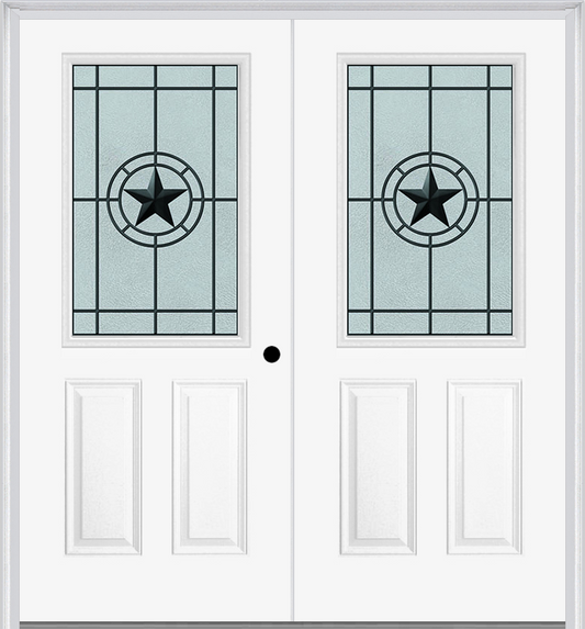 MMI TWIN/DOUBLE 1/2 LITE 2 PANEL 6'8" FIBERGLASS SMOOTH ELEGANT STAR WROUGHT IRON DECORATIVE GLASS EXTERIOR PREHUNG DOOR 684