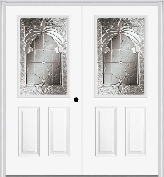 MMI TWIN/DOUBLE 1/2 LITE 2 PANEL 6'8" FIBERGLASS SMOOTH EXPRESSIONS SATIN NICKEL DECORATIVE GLASS EXTERIOR PREHUNG DOOR 684