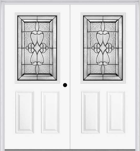 MMI TWIN/DOUBLE 1/2 LITE 2 PANEL 6'8" FIBERGLASS SMOOTH JAMESTOWN PATINA DECORATIVE GLASS EXTERIOR PREHUNG DOOR 684