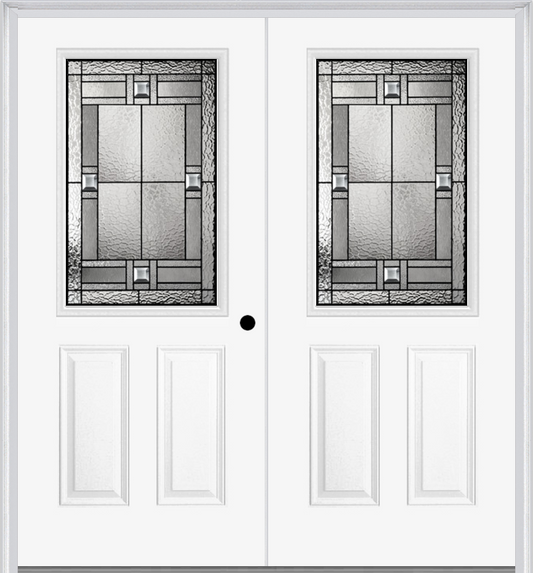 MMI TWIN/DOUBLE 1/2 LITE 2 PANEL 6'8" FIBERGLASS SMOOTH NOBLE PATINA DECORATIVE GLASS EXTERIOR PREHUNG DOOR 684