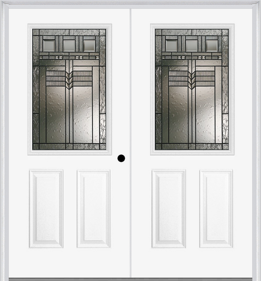 MMI TWIN/DOUBLE 1/2 LITE 2 PANEL 6'8" FIBERGLASS SMOOTH OAK PARK PATINA DECORATIVE GLASS EXTERIOR PREHUNG DOOR 684