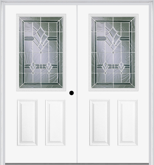 MMI TWIN/DOUBLE 1/2 LITE 2 PANEL 6'8" FIBERGLASS SMOOTH RADIANT HUES NICKEL DECORATIVE GLASS EXTERIOR PREHUNG DOOR 684