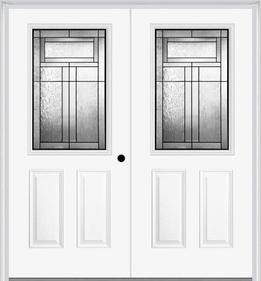 MMI TWIN/DOUBLE 1/2 LITE 2 PANEL 6'8" FIBERGLASS SMOOTH ROYAL PATINA DECORATIVE GLASS EXTERIOR PREHUNG DOOR 684