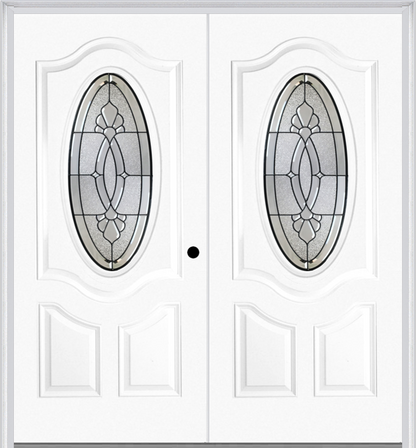 MMI TWIN/DOUBLE SMALL OVAL 2 PANEL DELUXE 6'8" FIBERGLASS SMOOTH BELAIRE PATINA DECORATIVE GLASS EXTERIOR PREHUNG DOOR 749