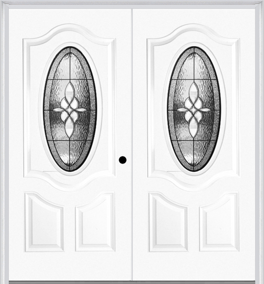 MMI TWIN/DOUBLE SMALL OVAL 2 PANEL DELUXE 6'8" FIBERGLASS SMOOTH LUMIERE PATINA DECORATIVE GLASS EXTERIOR PREHUNG DOOR 749