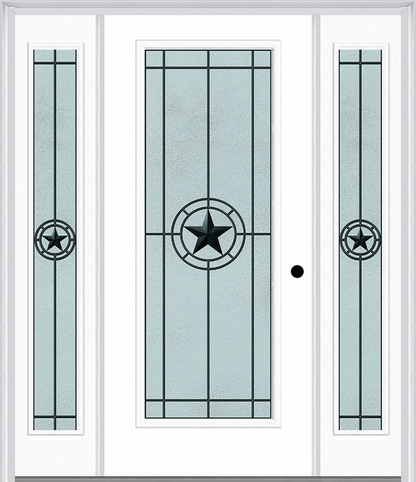 MMI FULL LITE 6'8" FIBERGLASS SMOOTH ELEGANT STAR WROUGHT IRON EXTERIOR PREHUNG DOOR WITH 2 FULL LITE ELEGANT STAR WROUGHT IRON DECORATIVE GLASS SIDELIGHTS 686