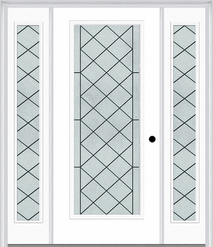 MMI FULL LITE 6'8" FIBERGLASS SMOOTH HARRIS PATINA EXTERIOR PREHUNG DOOR WITH 2 FULL LITE HARRIS PATINA DECORATIVE GLASS SIDELIGHTS 686