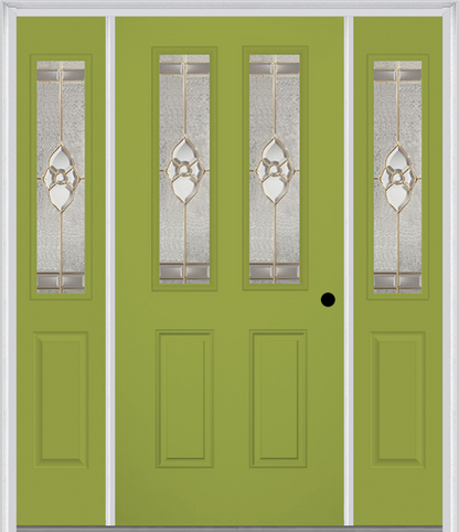 MMI 2-1/2 LITE 2 PANEL 6'8" FIBERGLASS SMOOTH NOUVEAU BRASS, NOUVEAU NICKEL, OR NOUVEAU PATINA EXTERIOR PREHUNG DOOR WITH 2 HALF LITE NOUVEAU BRASS/NICKEL/PATINA DECORATIVE GLASS SIDELIGHTS 692