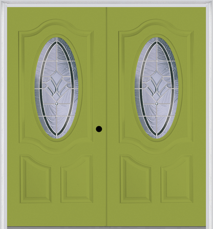 MMI TWIN/DOUBLE SMALL OVAL 2 PANEL DELUXE 6'8" FIBERGLASS SMOOTH RADIANT HUES NICKEL DECORATIVE GLASS EXTERIOR PREHUNG DOOR 749