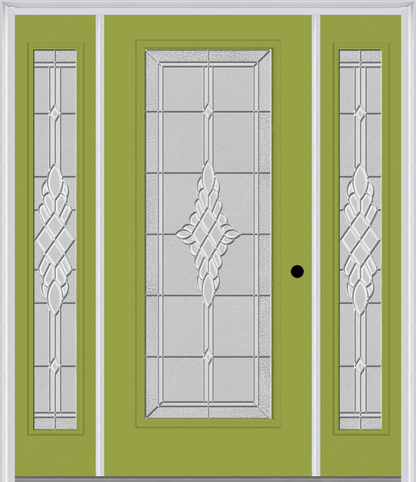 MMI FULL LITE 6'8" FIBERGLASS SMOOTH GRACE NICKEL OR GRACE PATINA EXTERIOR PREHUNG DOOR WITH 2 FULL LITE GRACE NICKEL/PATINA DECORATIVE GLASS SIDELIGHTS 686