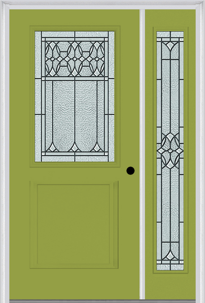 MMI 1/2 LITE 1 PANEL 6'8" FIBERGLASS SMOOTH SELWYN PATINA EXTERIOR PREHUNG DOOR WITH 1 FULL LITE SELWYN PATINA DECORATIVE GLASS SIDELIGHT 682