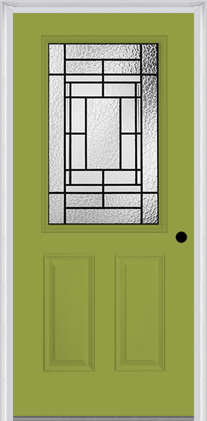 MMI 1/2 LITE 2 PANEL 6'8" FIBERGLASS SMOOTH PEMBROOK PATINA DECORATIVE GLASS EXTERIOR PREHUNG DOOR 684