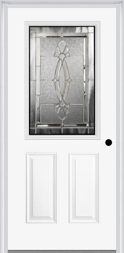 MMI 1/2 LITE 2 PANEL 6'8" FIBERGLASS SMOOTH BELAIRE ZINC DECORATIVE GLASS EXTERIOR PREHUNG DOOR 684