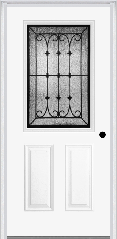 MMI 1/2 LITE 2 PANEL 6'8" FIBERGLASS SMOOTH CHATEAU WROUGHT IRON DECORATIVE GLASS EXTERIOR PREHUNG DOOR 684