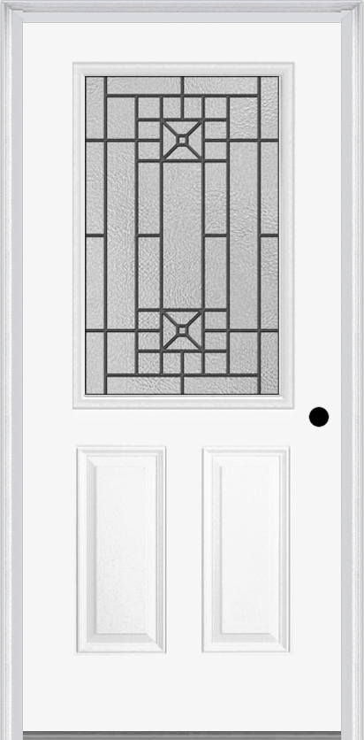 MMI 1/2 LITE 2 PANEL 6'8" FIBERGLASS SMOOTH COURTYARD NICKEL VEIN WROUGHT IRON DECORATIVE GLASS EXTERIOR PREHUNG DOOR 684