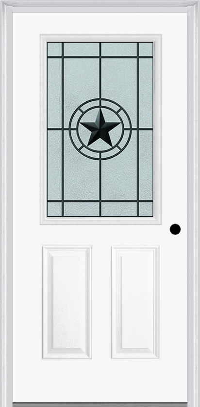 MMI 1/2 LITE 2 PANEL 6'8" FIBERGLASS SMOOTH ELEGANT STAR WROUGHT IRON DECORATIVE GLASS EXTERIOR PREHUNG DOOR 684