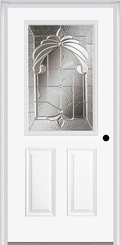 MMI 1/2 LITE 2 PANEL 6'8" FIBERGLASS SMOOTH EXPRESSIONS SATIN NICKEL DECORATIVE GLASS EXTERIOR PREHUNG DOOR 684