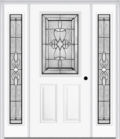 MMI 1/2 LITE 2 PANEL 6'8" FIBERGLASS SMOOTH JAMESTOWN PATINA EXTERIOR PREHUNG DOOR WITH 2 FULL LITE JAMESTOWN PATINA DECORATIVE GLASS SIDELIGHTS 684