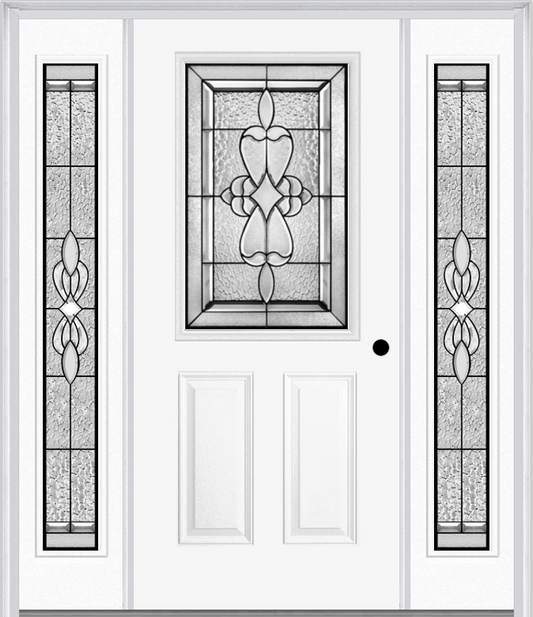 MMI 1/2 LITE 2 PANEL 6'8" FIBERGLASS SMOOTH JAMESTOWN PATINA EXTERIOR PREHUNG DOOR WITH 2 FULL LITE JAMESTOWN PATINA DECORATIVE GLASS SIDELIGHTS 684