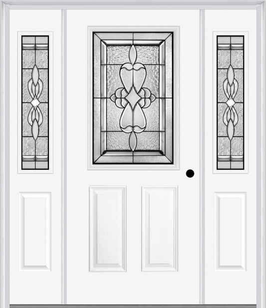 MMI 1/2 LITE 2 PANEL 6'8" FIBERGLASS SMOOTH JAMESTOWN PATINA EXTERIOR PREHUNG DOOR WITH 2 HALF LITE JAMESTOWN PATINA DECORATIVE GLASS SIDELIGHTS 684