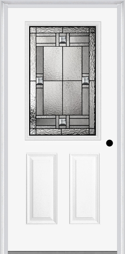 MMI 1/2 LITE 2 PANEL 6'8" FIBERGLASS SMOOTH NOBLE PATINA DECORATIVE GLASS EXTERIOR PREHUNG DOOR 684