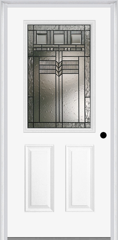 MMI 1/2 LITE 2 PANEL 6'8" FIBERGLASS SMOOTH OAK PARK PATINA DECORATIVE GLASS EXTERIOR PREHUNG DOOR 684