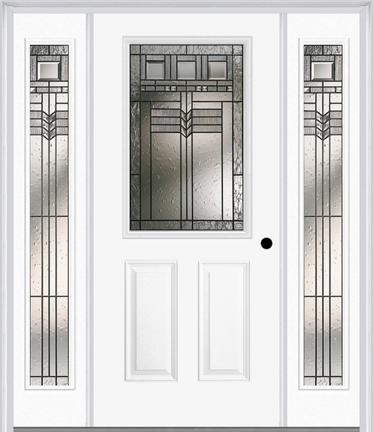 MMI 1/2 LITE 2 PANEL 6'8" FIBERGLASS SMOOTH OAK PARK PATINA EXTERIOR PREHUNG DOOR WITH 2 FULL LITE OAK PARK PATINA DECORATIVE GLASS SIDELIGHTS 684