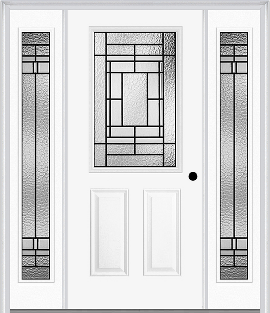 MMI 1/2 LITE 2 PANEL 6'8" FIBERGLASS SMOOTH PEMBROOK PATINA EXTERIOR PREHUNG DOOR WITH 2 FULL LITE PEMBROOK PATINA DECORATIVE GLASS SIDELIGHTS 684