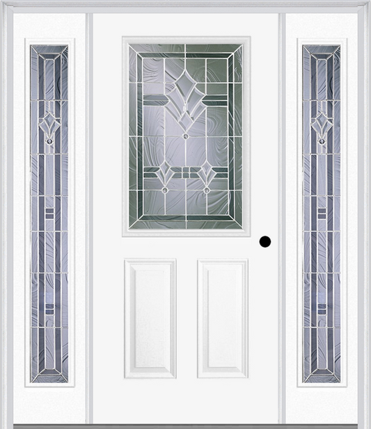 MMI 1/2 LITE 2 PANEL 6'8" FIBERGLASS SMOOTH RADIANT HUES NICKEL EXTERIOR PREHUNG DOOR WITH 2 FULL LITE RADIANT HUES NICKEL DECORATIVE GLASS SIDELIGHTS 684