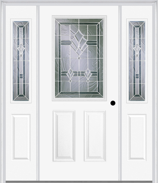 MMI 1/2 LITE 2 PANEL 6'8" FIBERGLASS SMOOTH RADIANT HUES NICKEL EXTERIOR PREHUNG DOOR WITH 2 HALF LITE RADIANT HUES NICKEL DECORATIVE GLASS SIDELIGHTS 684