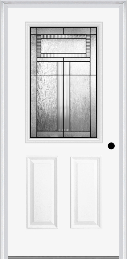 MMI 1/2 LITE 2 PANEL 6'8" FIBERGLASS SMOOTH ROYAL PATINA DECORATIVE GLASS EXTERIOR PREHUNG DOOR 684
