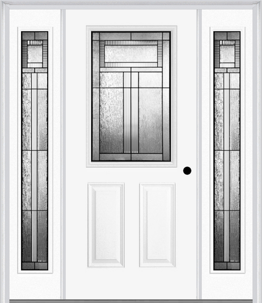 MMI 1/2 LITE 2 PANEL 6'8" FIBERGLASS SMOOTH ROYAL PATINA EXTERIOR PREHUNG DOOR WITH 2 FULL LITE ROYAL PATINA DECORATIVE GLASS SIDELIGHTS 684