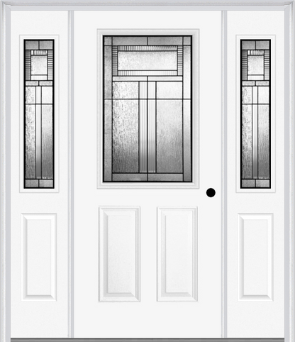 MMI 1/2 LITE 2 PANEL 6'8" FIBERGLASS SMOOTH ROYAL PATINA EXTERIOR PREHUNG DOOR WITH 2 HALF LITE ROYAL PATINA DECORATIVE GLASS SIDELIGHTS 684