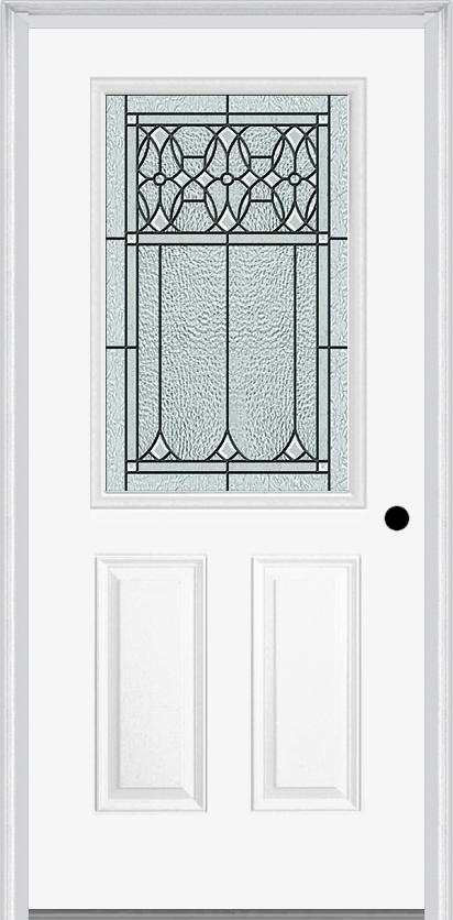 MMI 1/2 LITE 2 PANEL 6'8" FIBERGLASS SMOOTH SELWYN PATINA DECORATIVE GLASS EXTERIOR PREHUNG DOOR 684