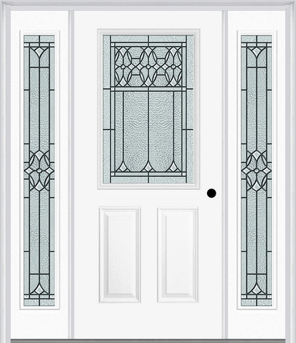 MMI 1/2 LITE 2 PANEL 6'8" FIBERGLASS SMOOTH SELWYN PATINA EXTERIOR PREHUNG DOOR WITH 2 FULL LITE SELWYN PATINA DECORATIVE GLASS SIDELIGHTS 684