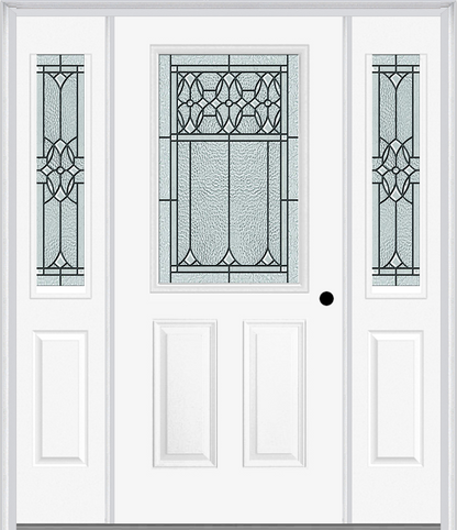 MMI 1/2 LITE 2 PANEL 6'8" FIBERGLASS SMOOTH SELWYN PATINA EXTERIOR PREHUNG DOOR WITH 2 HALF LITE SELWYN PATINA DECORATIVE GLASS SIDELIGHTS 684