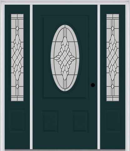 MMI SMALL OVAL 2 PANEL 6'8" FIBERGLASS SMOOTH GRACE NICKEL OR GRACE PATINA EXTERIOR PREHUNG DOOR WITH 2 GRACE NICKEL/PATINA 3/4 LITE DECORATIVE GLASS SIDELIGHTS 949