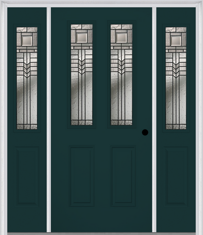 MMI 2-1/2 LITE 2 PANEL 6'8" FIBERGLASS SMOOTH OAK PARK PATINA EXTERIOR PREHUNG DOOR WITH 2 HALF LITE OAK PARK PATINA DECORATIVE GLASS SIDELIGHTS 692