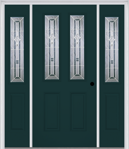 MMI 2-1/2 LITE 2 PANEL 6'8" FIBERGLASS SMOOTH RADIANT HUES NICKEL EXTERIOR PREHUNG DOOR WITH 2 HALF LITE RADIANT HUES NICKEL DECORATIVE GLASS SIDELIGHTS 692