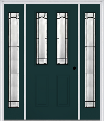 MMI 2-1/2 LITE 2 PANEL 6'8" FIBERGLASS SMOOTH SOLEIL PATINA EXTERIOR PREHUNG DOOR WITH 2 FULL LITE SOLEIL PATINA DECORATIVE GLASS SIDELIGHTS 692