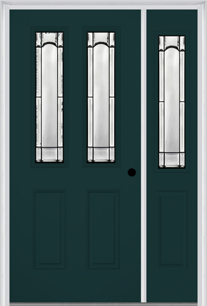 MMI 2-1/2 LITE 2 PANEL 6'8" FIBERGLASS SMOOTH SOLEIL PATINA EXTERIOR PREHUNG DOOR WITH 1 HALF LITE SOLEIL PATINA DECORATIVE GLASS SIDELIGHT 692