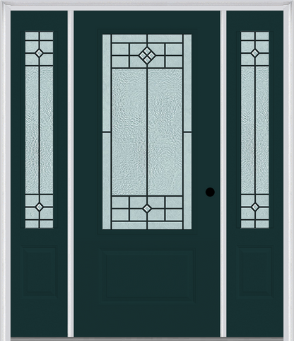 MMI 3/4 LITE 1 PANEL 6'8" FIBERGLASS SMOOTH BEAUFORT PATINA EXTERIOR PREHUNG DOOR WITH 2 BEAUFORT PATINA 3/4 LITE DECORATIVE GLASS SIDELIGHTS 608