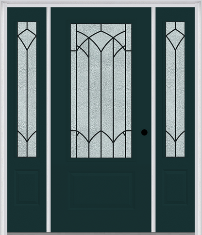 MMI 3/4 LITE 1 PANEL 6'8" FIBERGLASS SMOOTH MONTCLAIRE WROUGHT IRON EXTERIOR PREHUNG DOOR WITH 2 MONTCLAIRE WROUGHT IRON 3/4 LITE DECORATIVE GLASS SIDELIGHTS 608