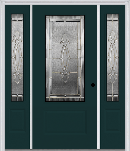 MMI 3/4 LITE 1 PANEL 6'8" FIBERGLASS SMOOTH BELAIRE ZINC EXTERIOR PREHUNG DOOR WITH 2 BELAIRE ZINC 3/4 LITE DECORATIVE GLASS SIDELIGHTS 608