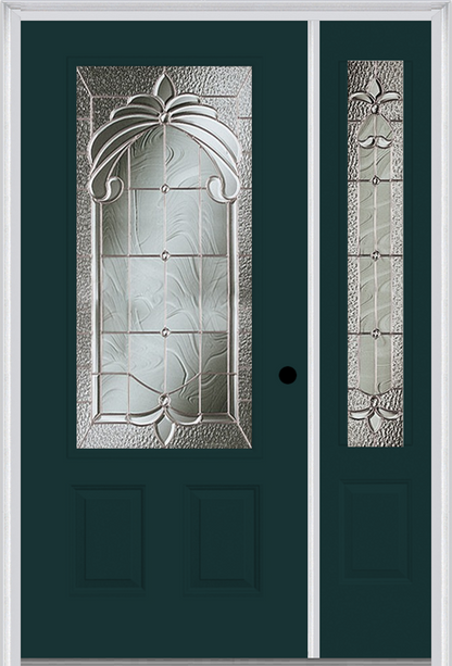 MMI 3/4 LITE 2 PANEL 6'8" FIBERGLASS SMOOTH EXPRESSIONS SATIN NICKEL EXTERIOR PREHUNG DOOR WITH 1 EXPRESSIONS SATIN NICKEL 3/4 LITE DECORATIVE GLASS SIDELIGHT 607