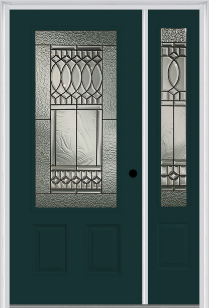 MMI 3/4 LITE 2 PANEL 6'8" FIBERGLASS SMOOTH PARIS PATINA EXTERIOR PREHUNG DOOR WITH 1 PARIS PATINA 3/4 LITE DECORATIVE GLASS SIDELIGHT 607