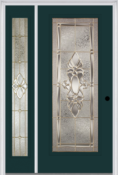 MMI FULL LITE 3'0" X 6'8" FIBERGLASS SMOOTH HEIRLOOMS BRASS OR HEIRLOOMS SATIN NICKEL EXTERIOR PREHUNG DOOR WITH 1 FULL LITE HEIRLOOMS BRASS/SATIN NICKEL DECORATIVE GLASS SIDELIGHT 686